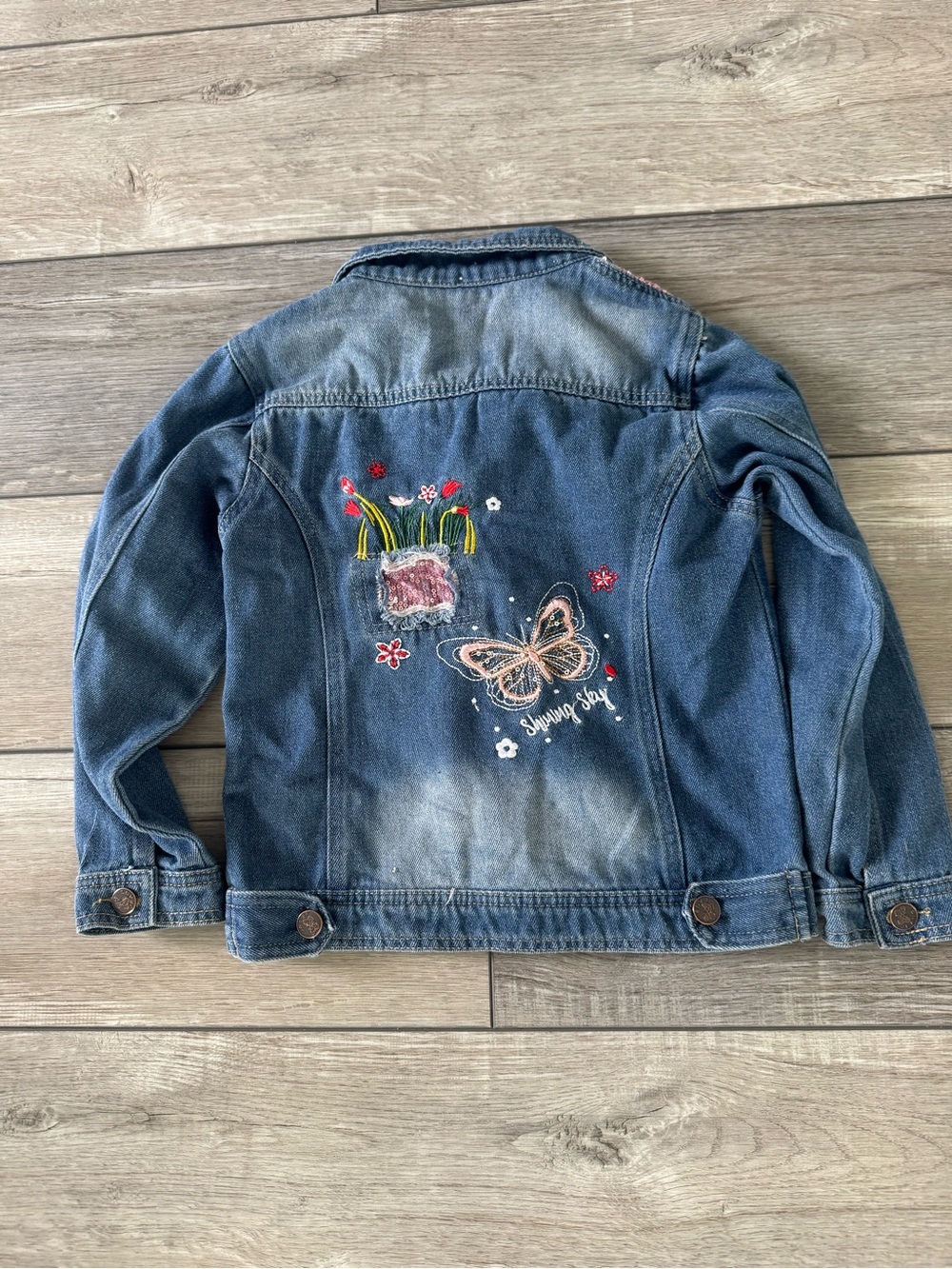 Kids Denim Jacket with Butterfly & Floral Embroidery - Blue